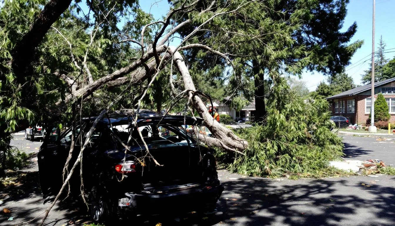 Ветер свалил тополь на машину у школы, обошлось без травм