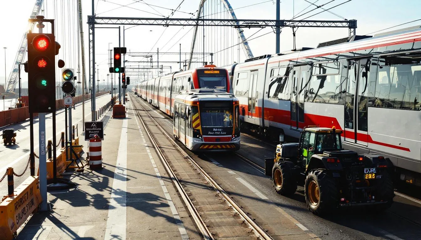 Новая трамвайная линия на мосту встала в первую пробку